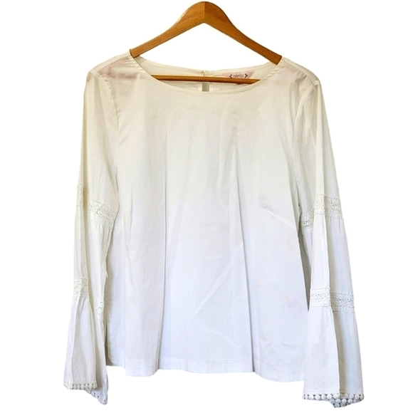 Nannette Lepore White Peasant Top Eyelette Lace Bell Sleeves Size Large - Picture 3 of 16